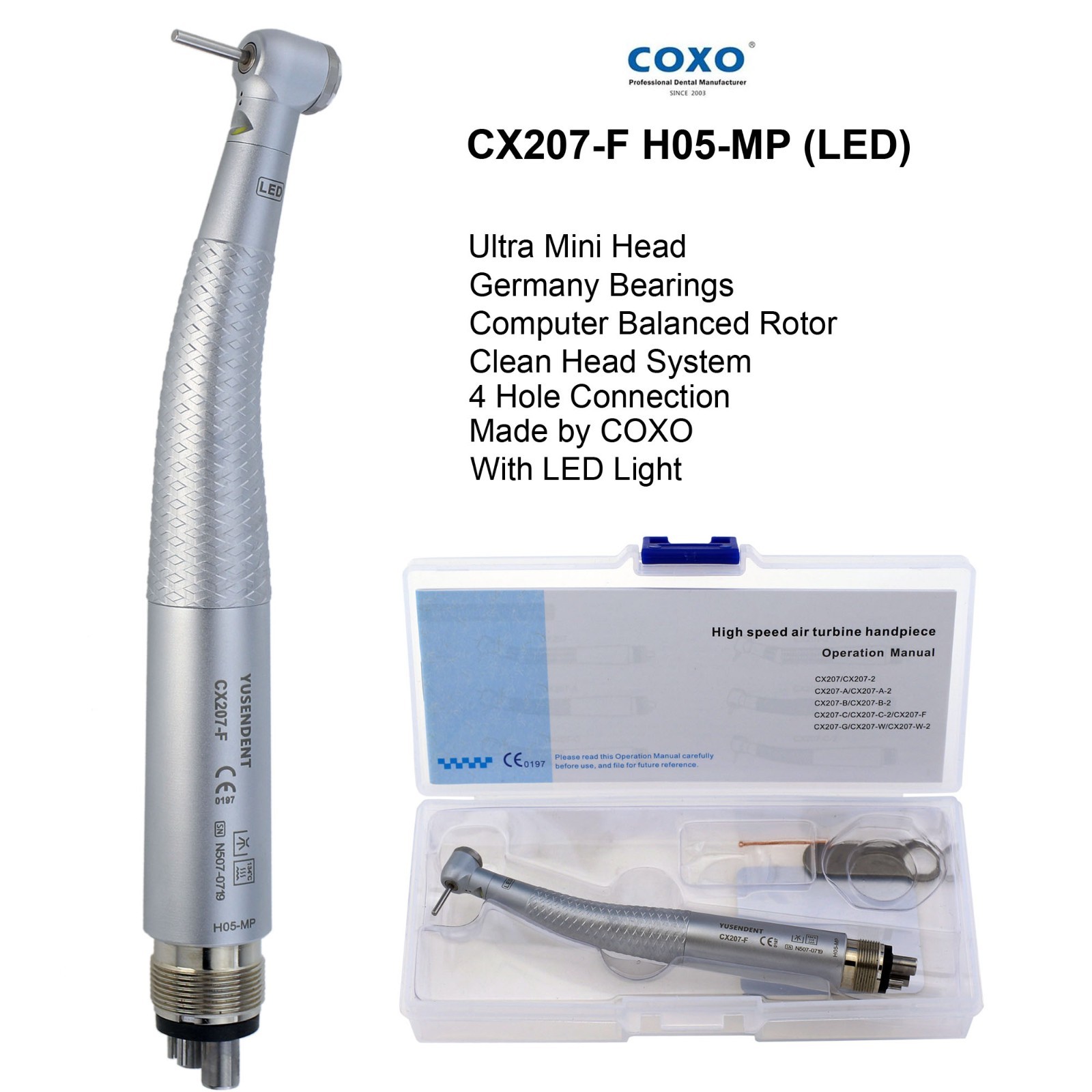 COXO Dental High Speed Handpiece 4 Hole LED Turbine E Generator Mini Head CX207