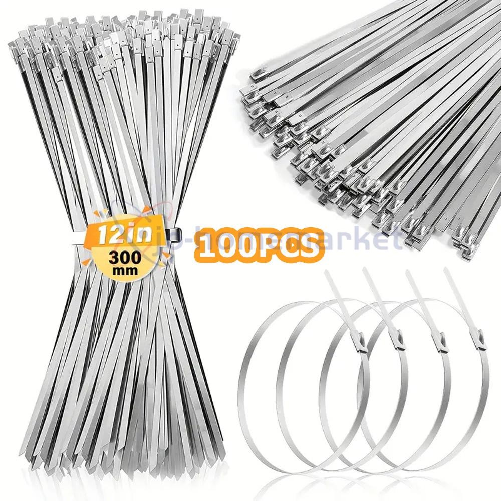 100PCS 12inch Metal Zip Ties 304 Stainless Steel Heavy Duty Self-Locking Cable