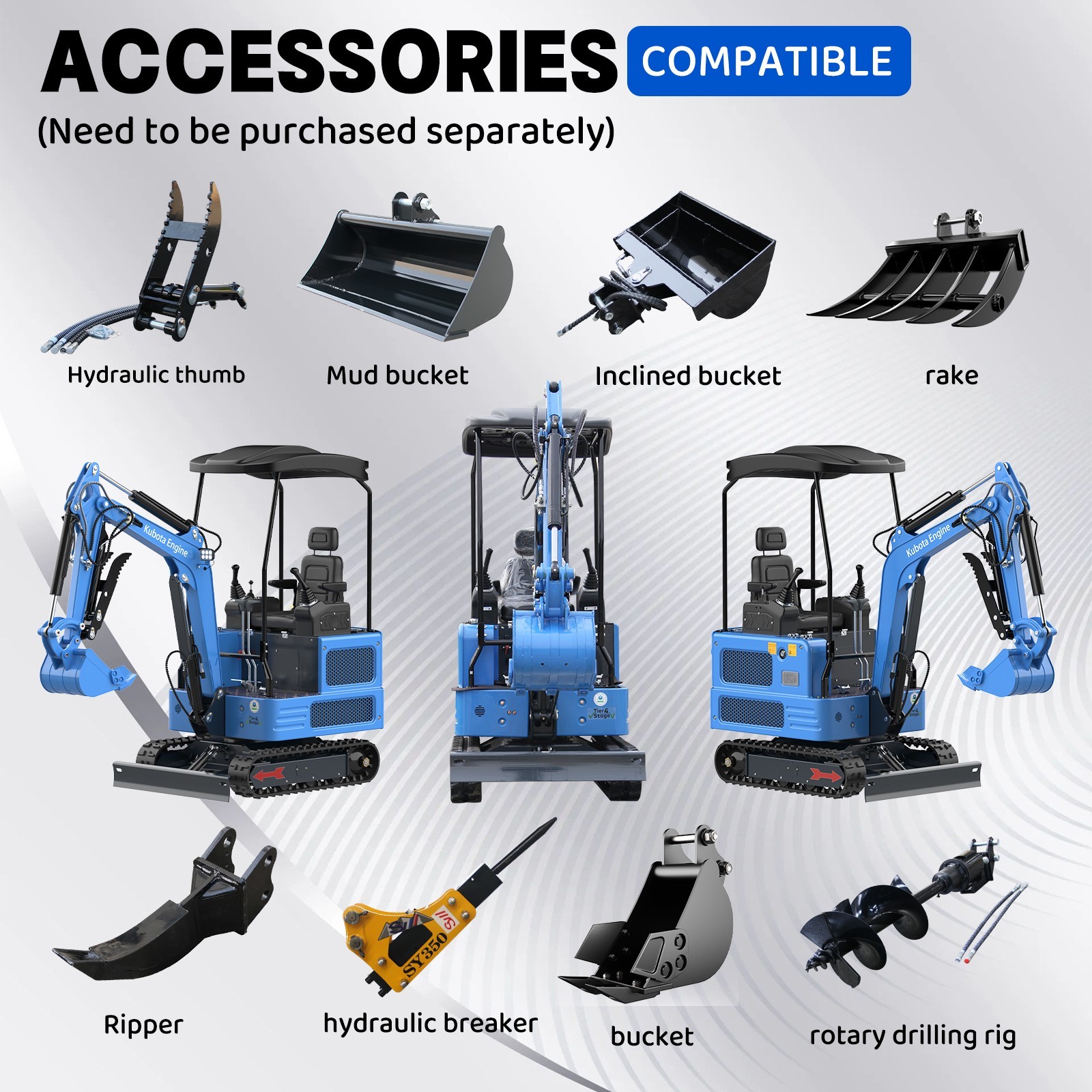 1.8 Ton Mini Excavator 4000lbs KUBOTA Twin Cylinder Diesel Engine Crawler Digger