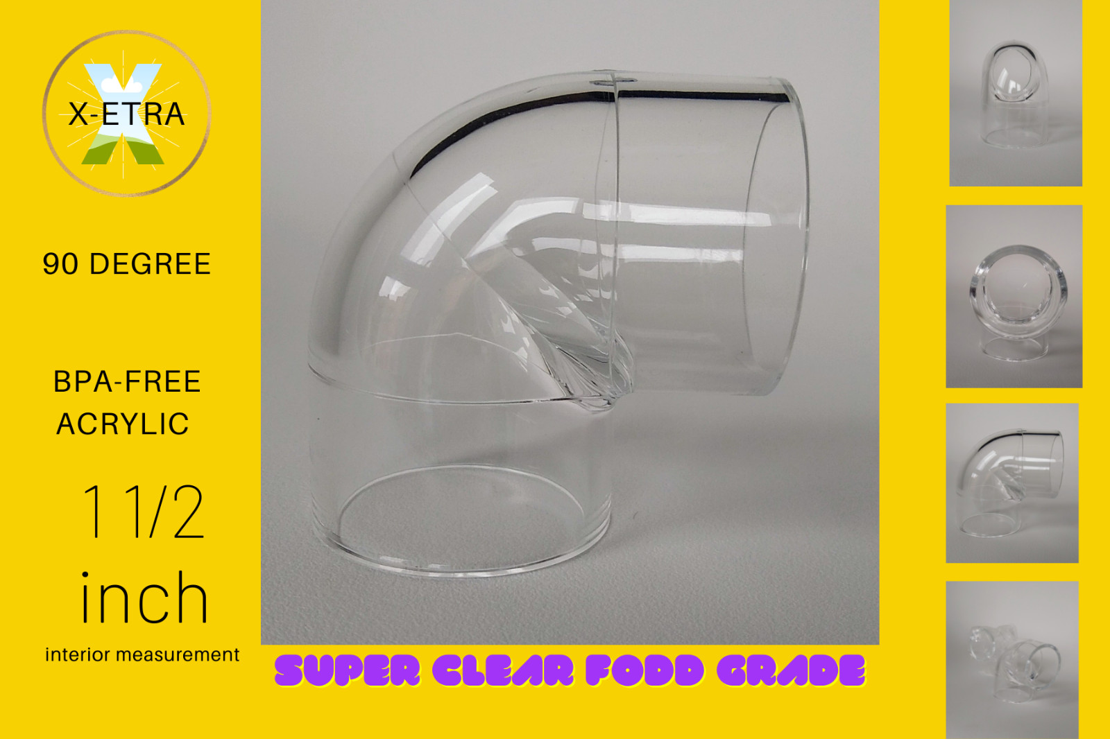 Clear Acrylic elbow 90 degree High clarity smooth finish, light weight. 1 1/2″
