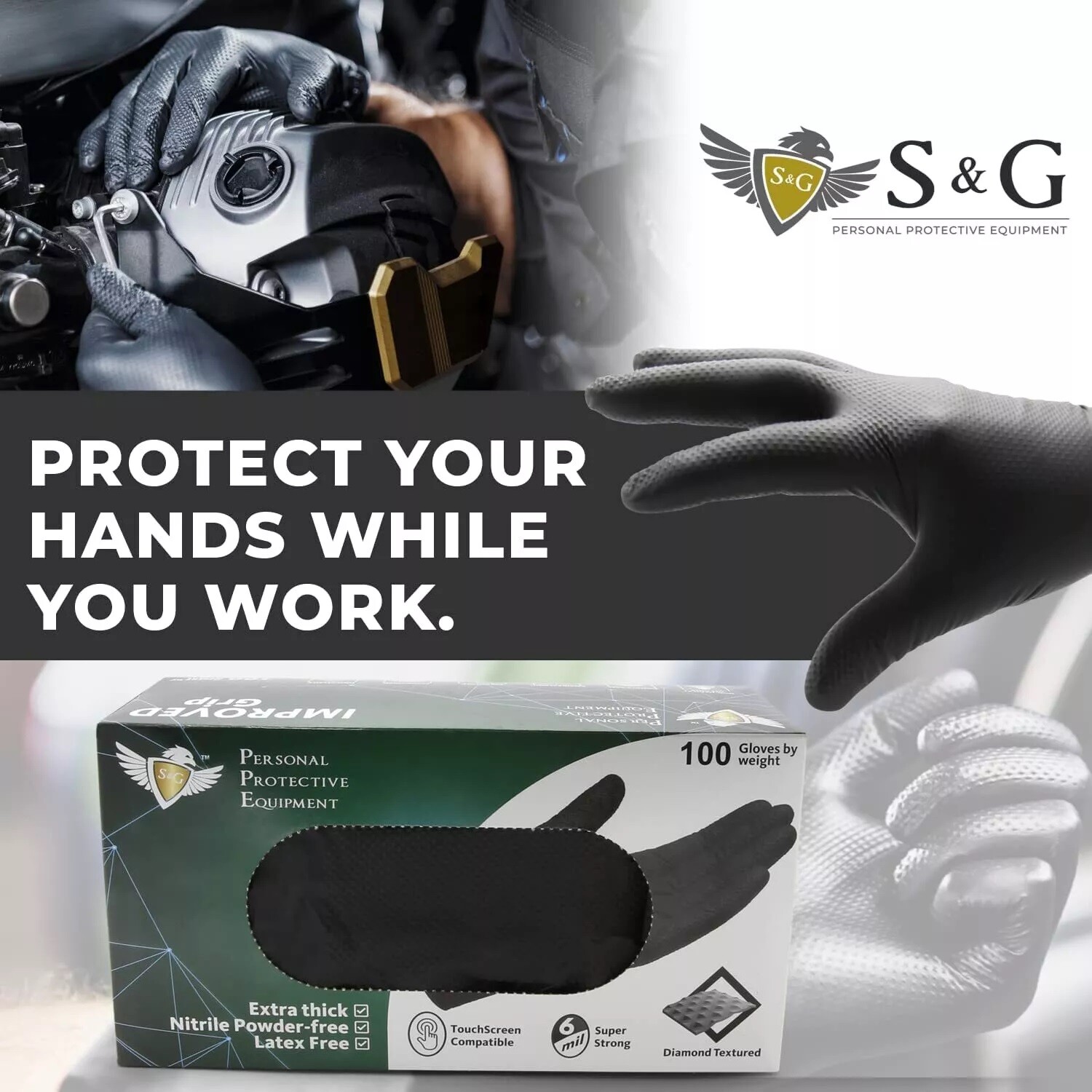 S&G Black Diamond Nitrile Gloves Powder Latex Free 6 Mil 1000pcs M/L/XL