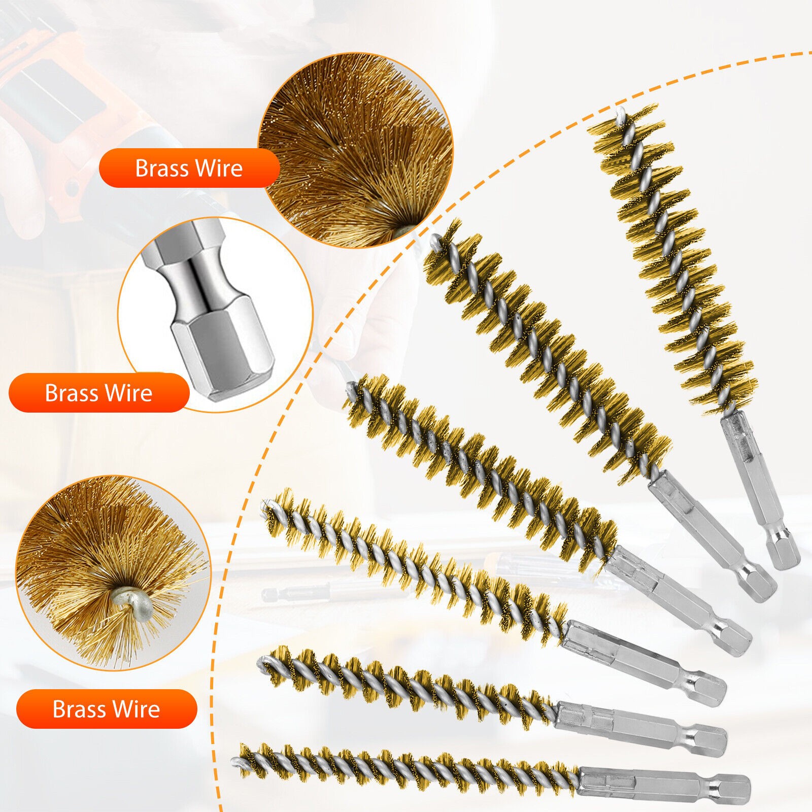6Pcs Hex Shank Brass Bore Brush Set Power Drill For Cleaning Polishing Painting