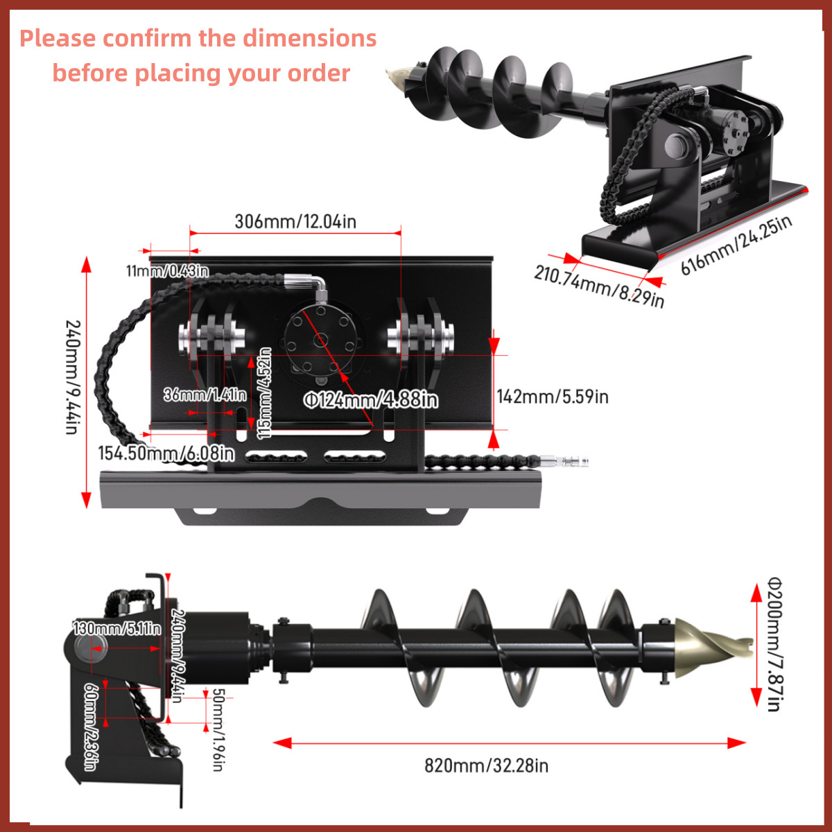Hydraulic Auger For Mini Skid Steer Loader Attachment Post Hole Drill Free Ship