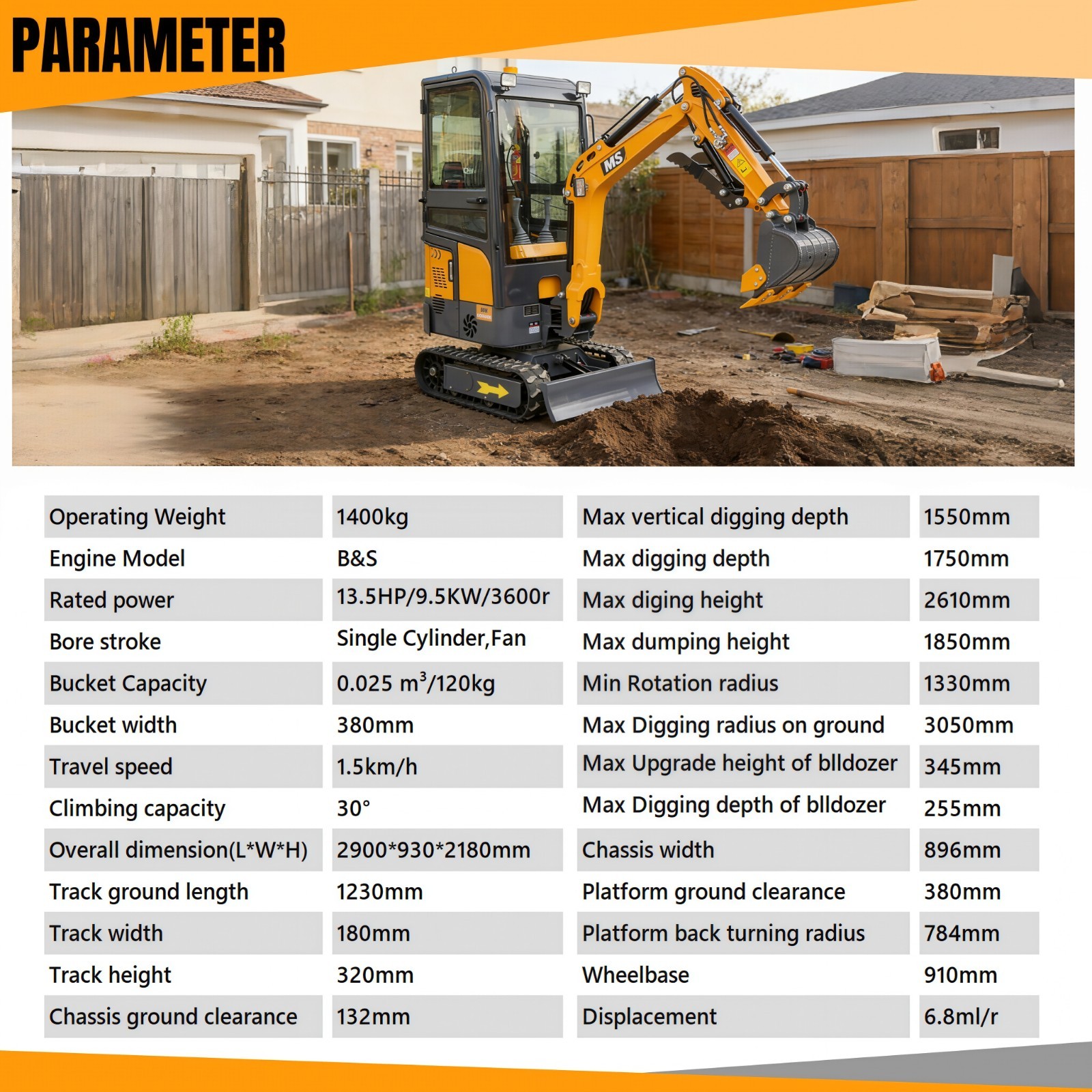 1.4Ton Mini Excavator With Enclosed Cab B&S Engine Swing Boom 4 Attachments Kit