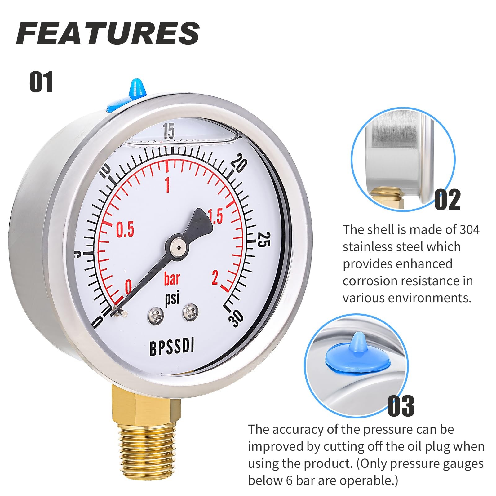 Glycerin Liquid Filled Low Pressure Gauge, 2.5″ Dial Size, 1/4″ NPT Lower Mount