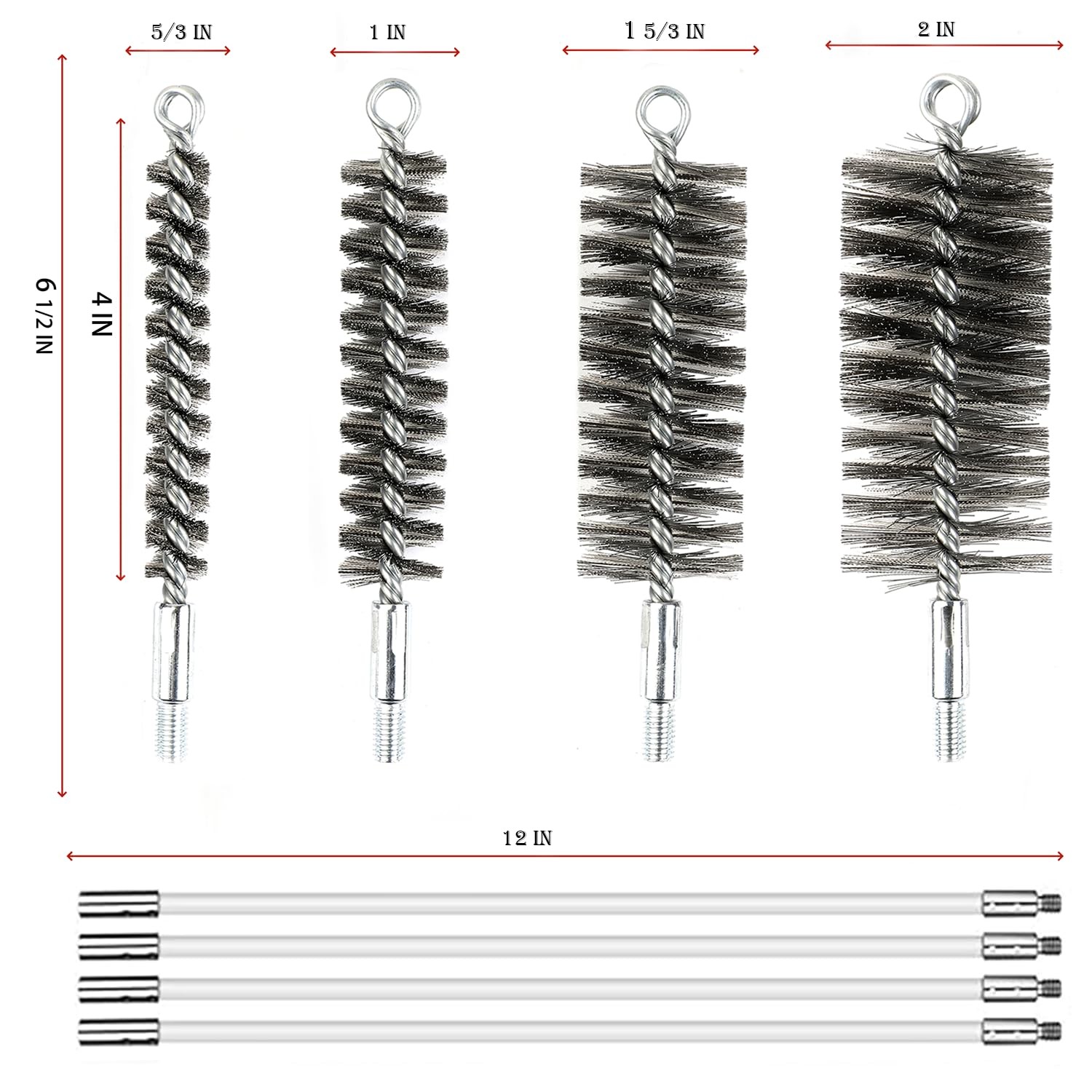 50 in Pipe Cleaning Brush Set with Stainless Steel 4-Size Set, Black