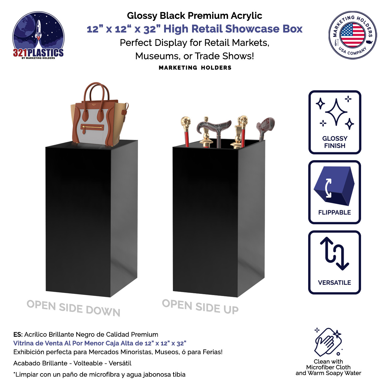 12″ x 12″ x 32″ Black Acrylic Lucite Display Cube Pedestal Art Sculpture Stand