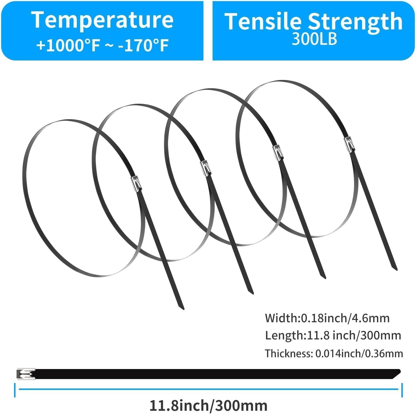 11.8″ Heavy Duty Metal Zip Ties – 600 Pack, 304 Stainless Steel, 300lbs Strength
