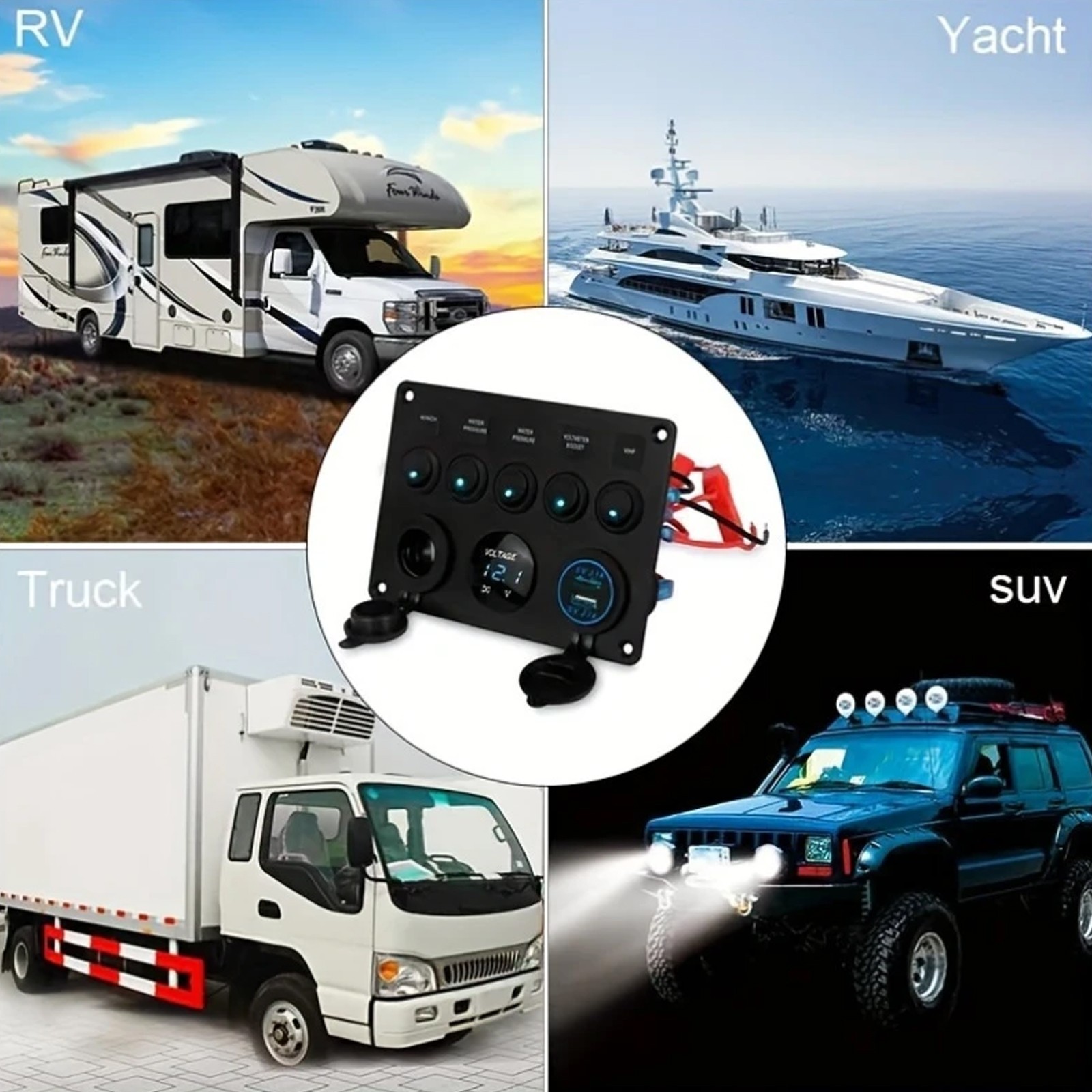 5-Switch 12V Electrical Panel – Voltmeter, Dual USB for RV, Truck & Boat