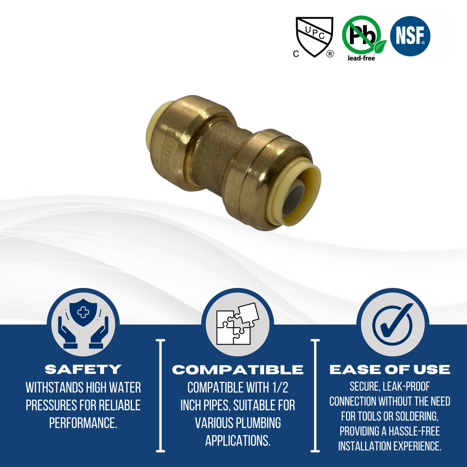 10) 1/2″ X 1/2″ PUSH FIT COUPLINGS WITH 1 FREE DISCONNECT CLIP, LEAD FREE BRASS