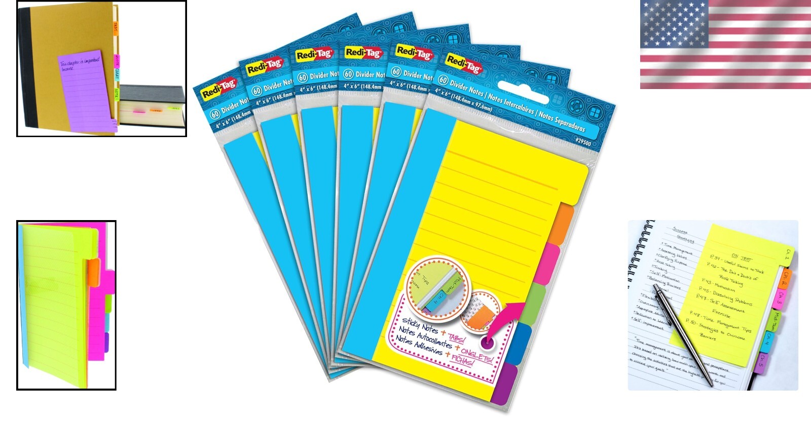 Assorted Neon Color Tabbed Notebooks: 4×6” Lined Self-Stick Notes, 6 Count