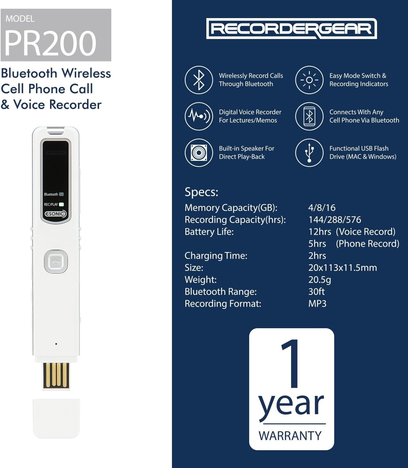 PR200 Bluetooth Cell Phone Call Recording Device, iPhone Android Mobile Recorder