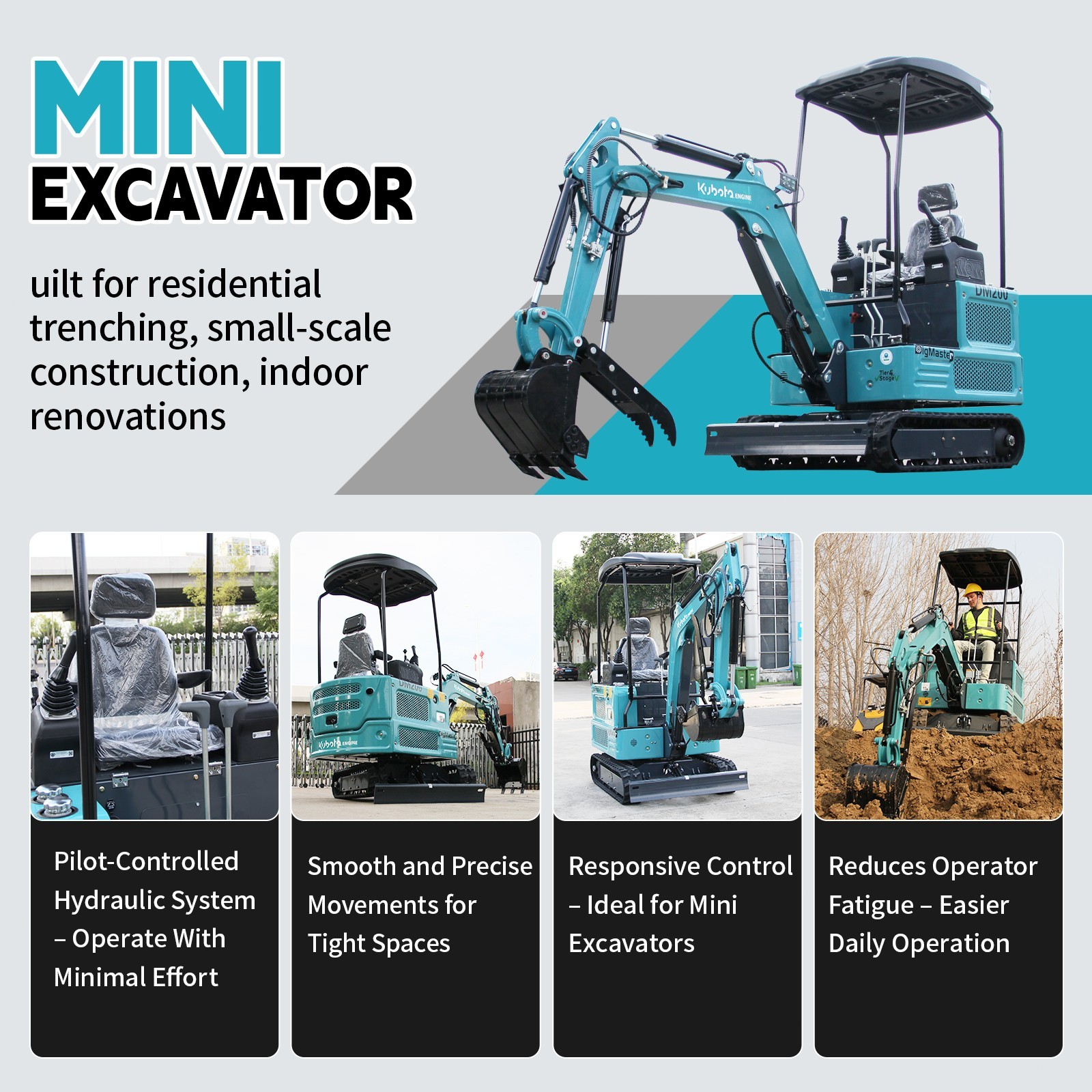 Mini Excavator 1.8 Ton Digger 4000Ibs Diesel EPA Crawler KUBOTA Engine USA Stock