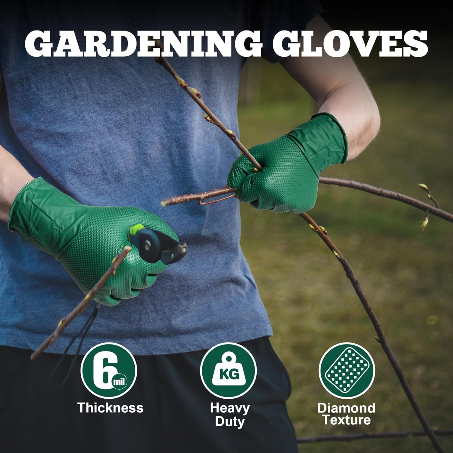 Heavy Duty Nitrile Gloves, 6 Mil Dark Green Raised Diamond Texture, Mechanic Dis
