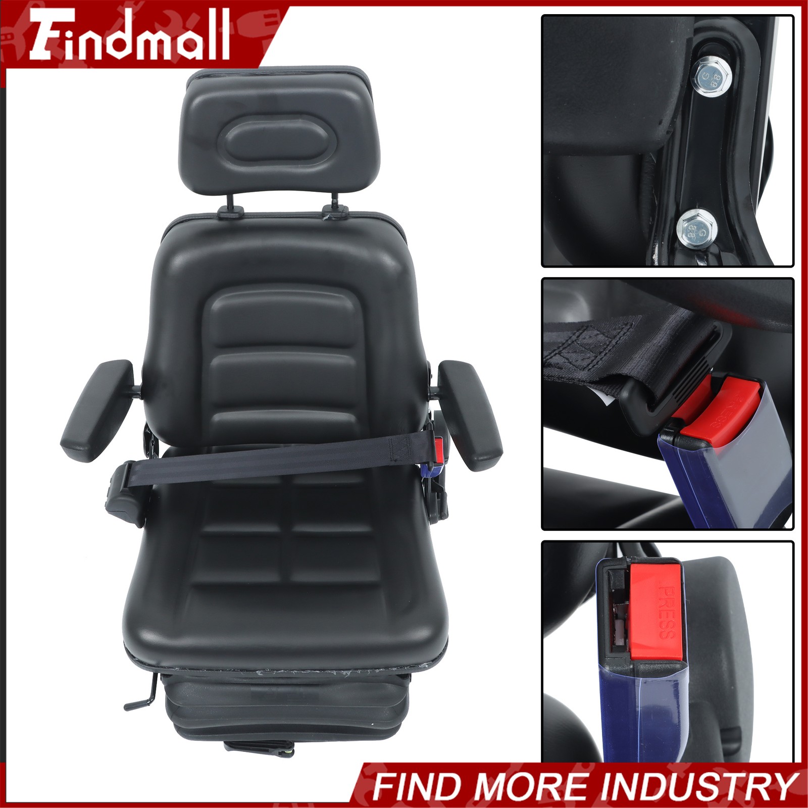 FindmallForklift Tractor Seat Suspension Adjustable Backrest Armrest Safety Belt