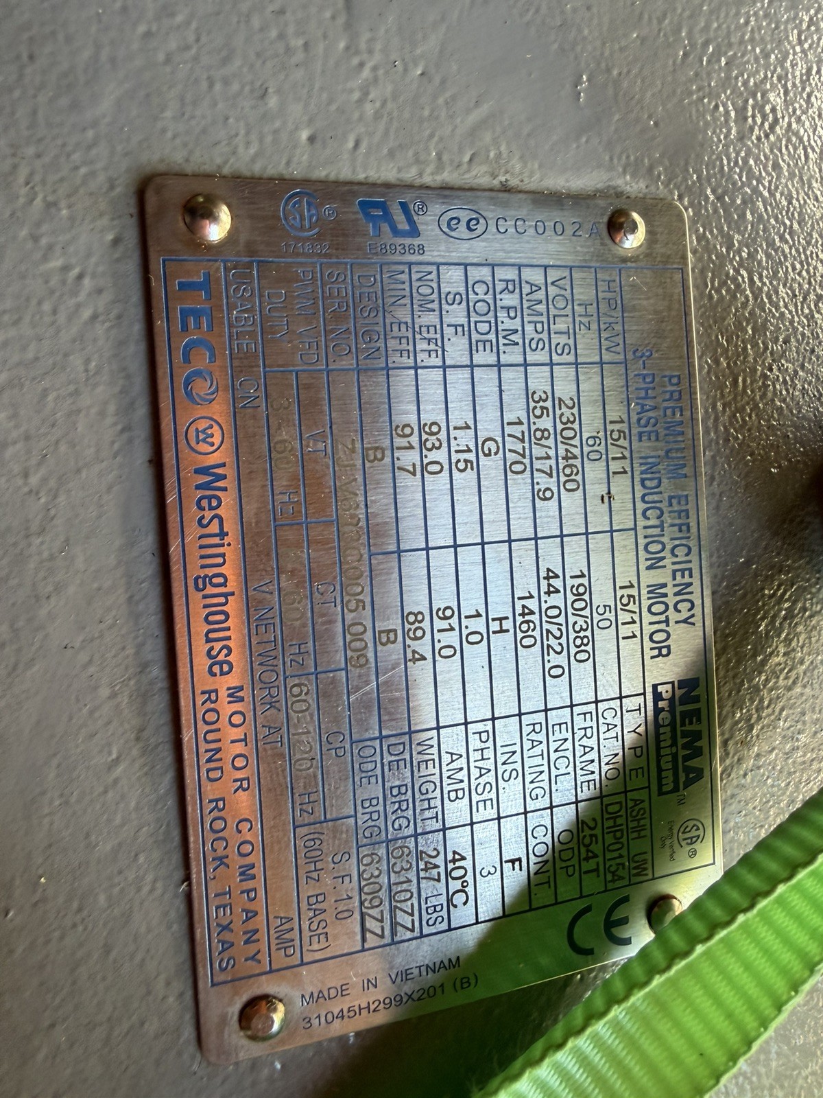 TECO-Westinghouse 15HP 254T ODP Motor 230/460V 1770RPM