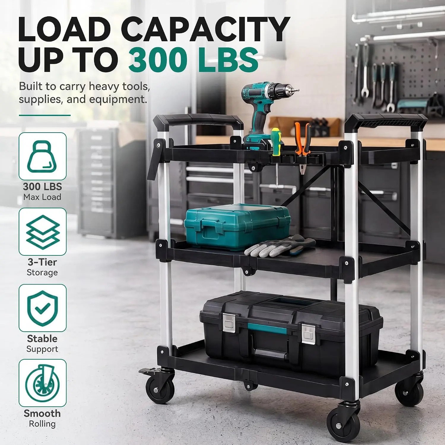 300 LBS 3 Tier Folding Service Cart Portable Cart w/Wheels&Tool Side Mount Strap