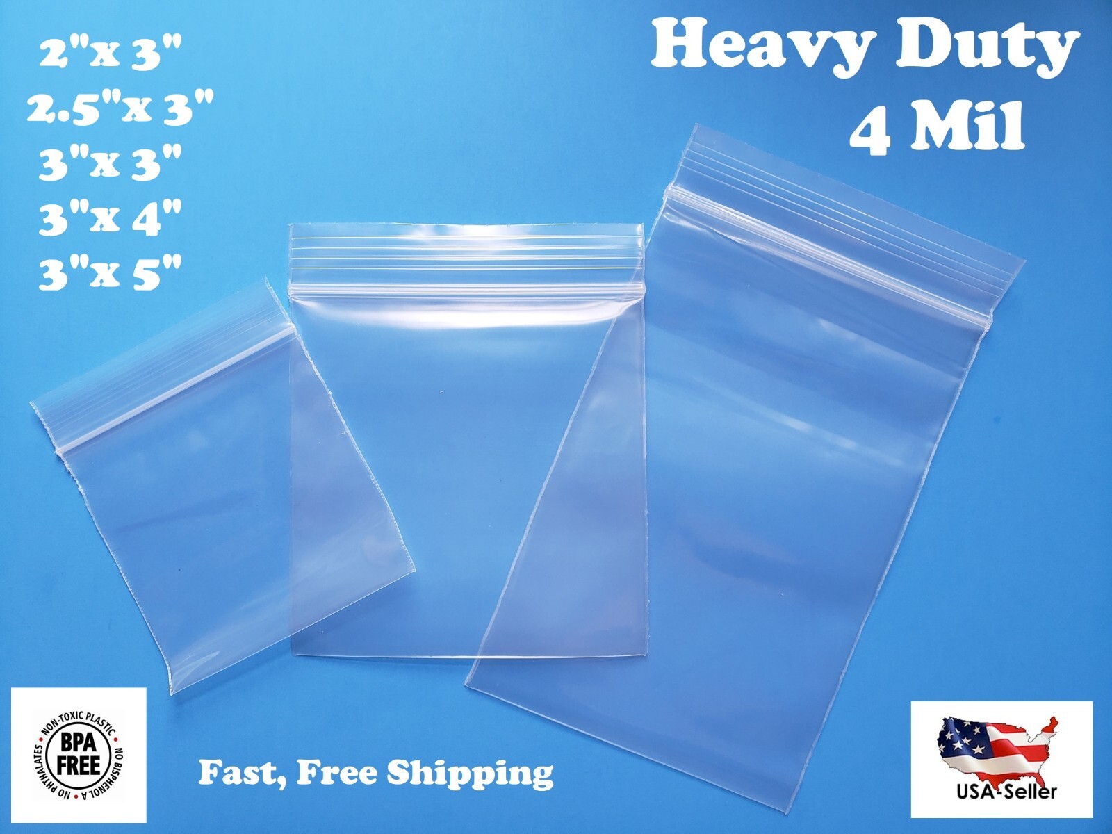 2″x3″, 2.5″, 4″, 5″ Clear 4 Mil Plastic Zip Seal Bag Reclosable Top Lock 4Mil