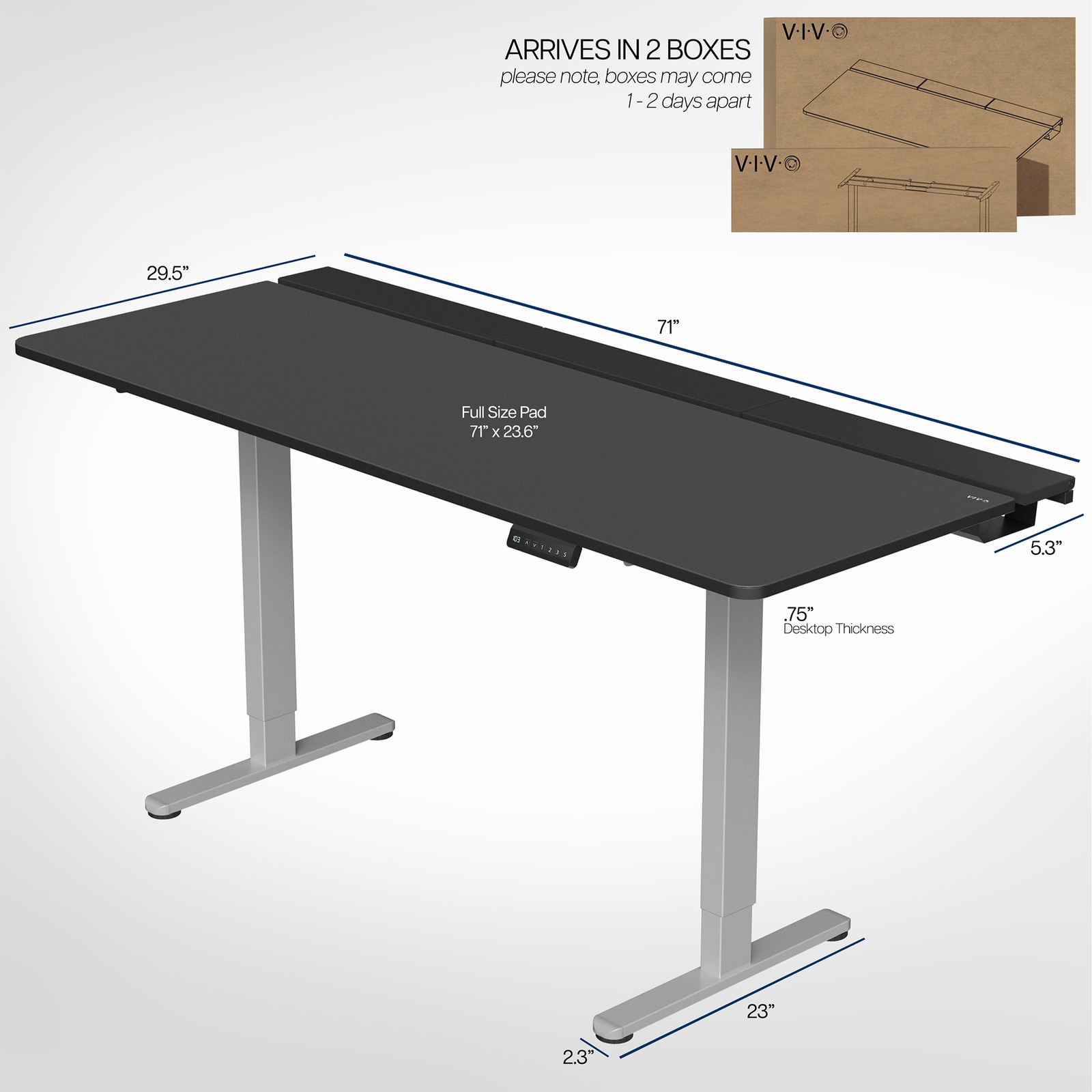 VIVO Electric 71″ x 30″ Desk, Full Pad, Black Hidden Cable Tabletop, Gray Frame