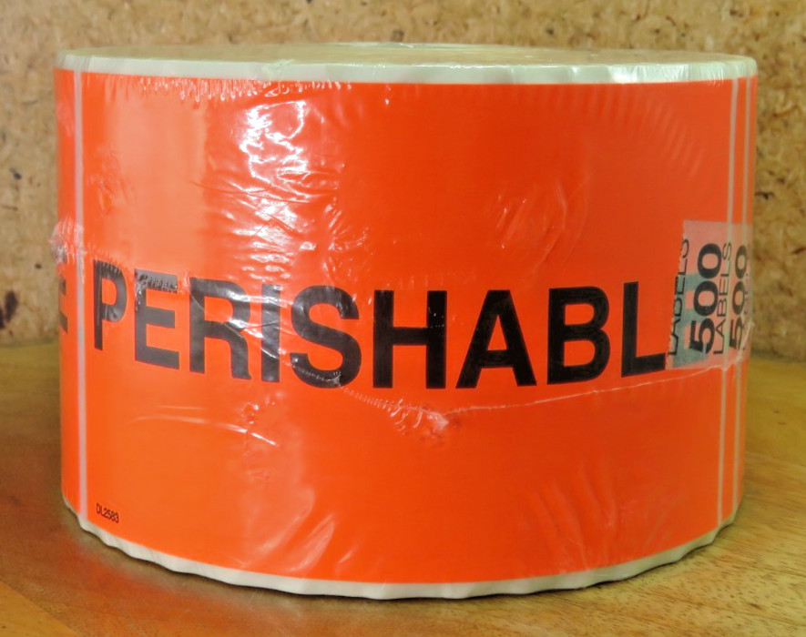 Perishable 3″X5″ Fluorescent Orange & Black Labels 500 Per Roll Sealed