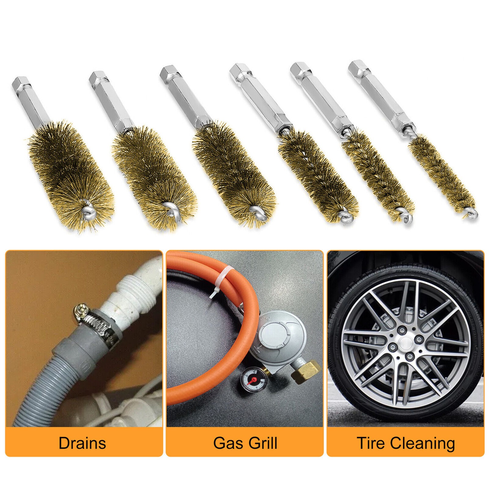 6Pcs Hex Shank Brass Bore Brush Set Power Drill For Cleaning Polishing Painting