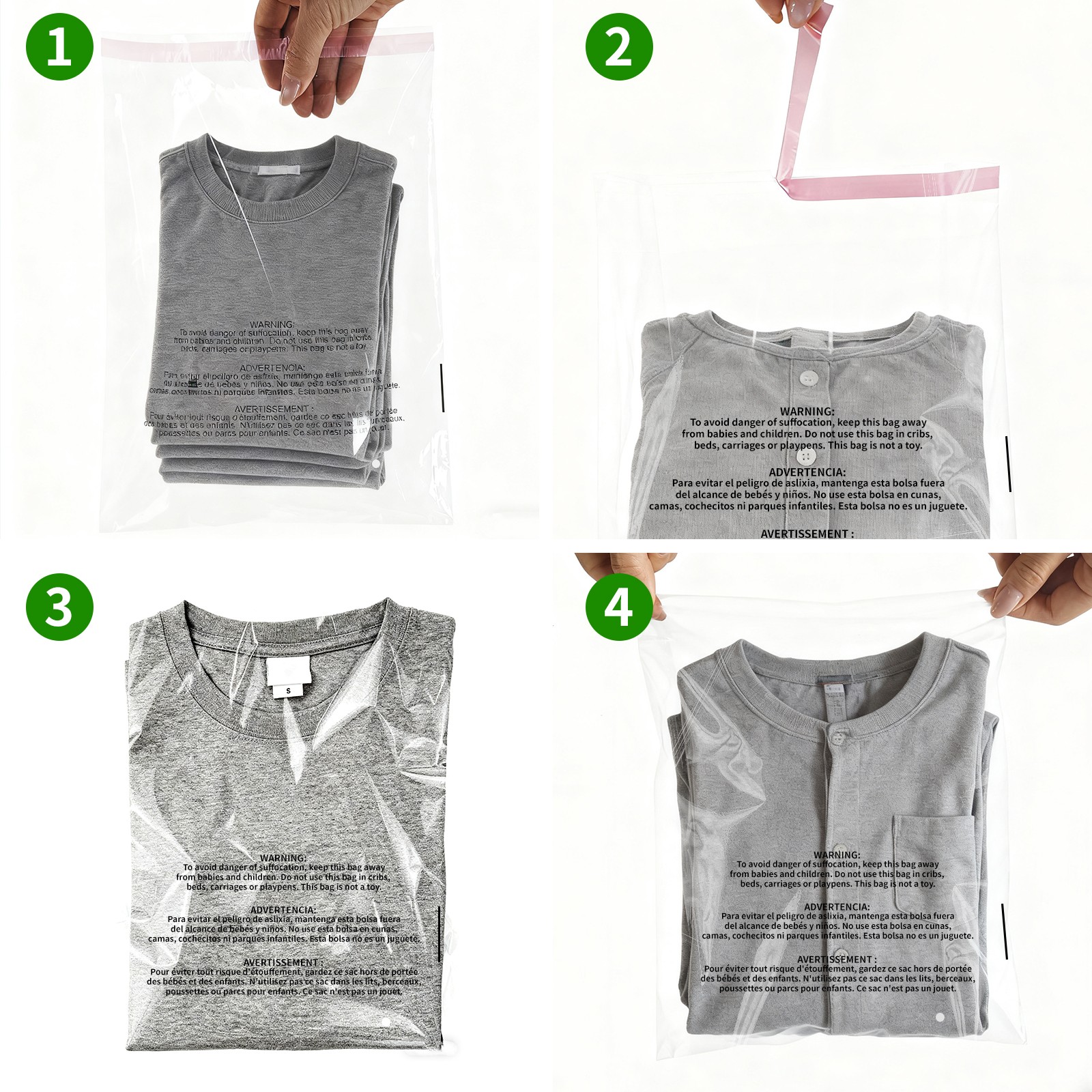 100-1000x Suffocation Warning Clear Poly Bags Self Adhesive for Shirt Clothes
