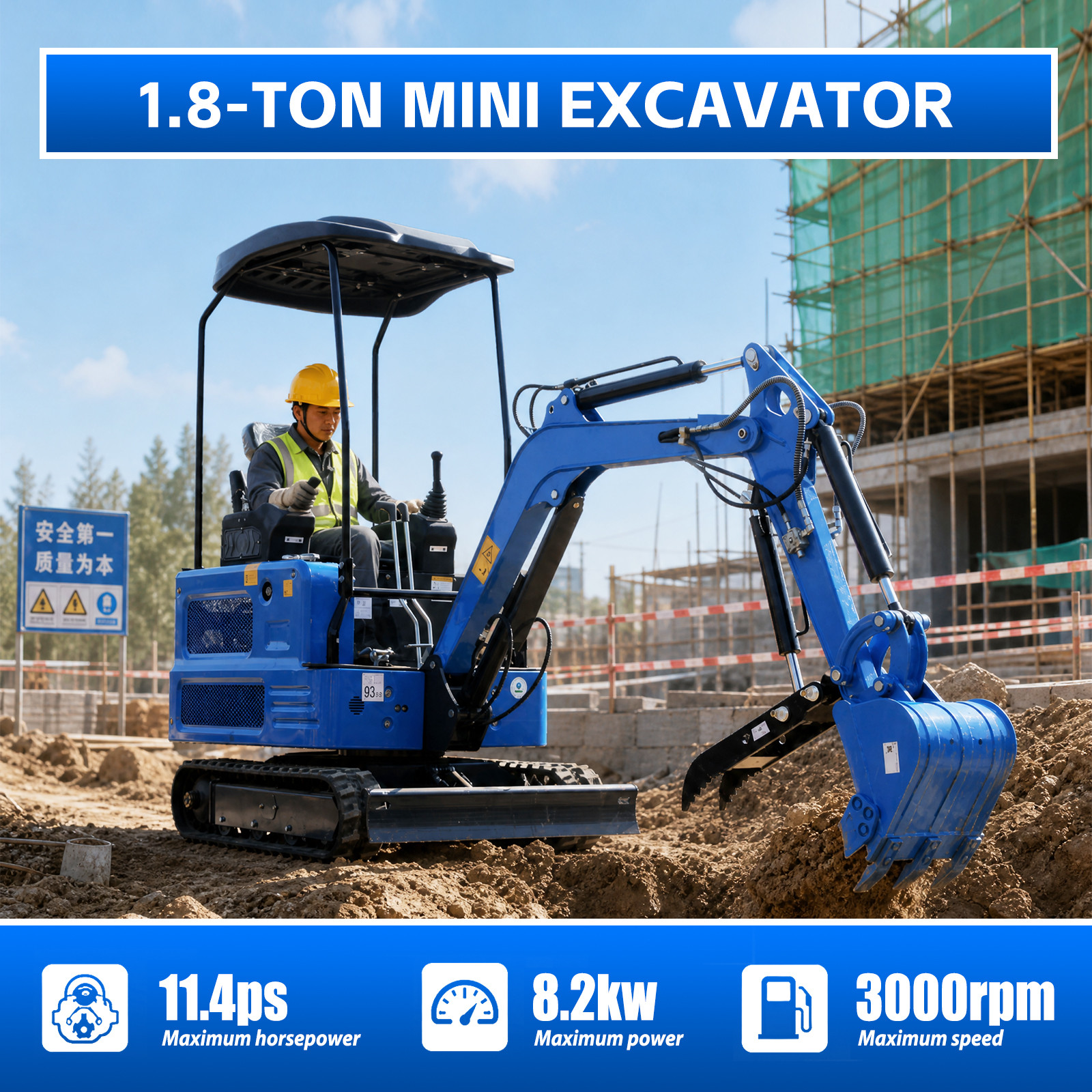 1.8 Ton Mini Excavator 4000lbs KUBOTA Twin Cylinder Diesel Engine Crawler Digger
