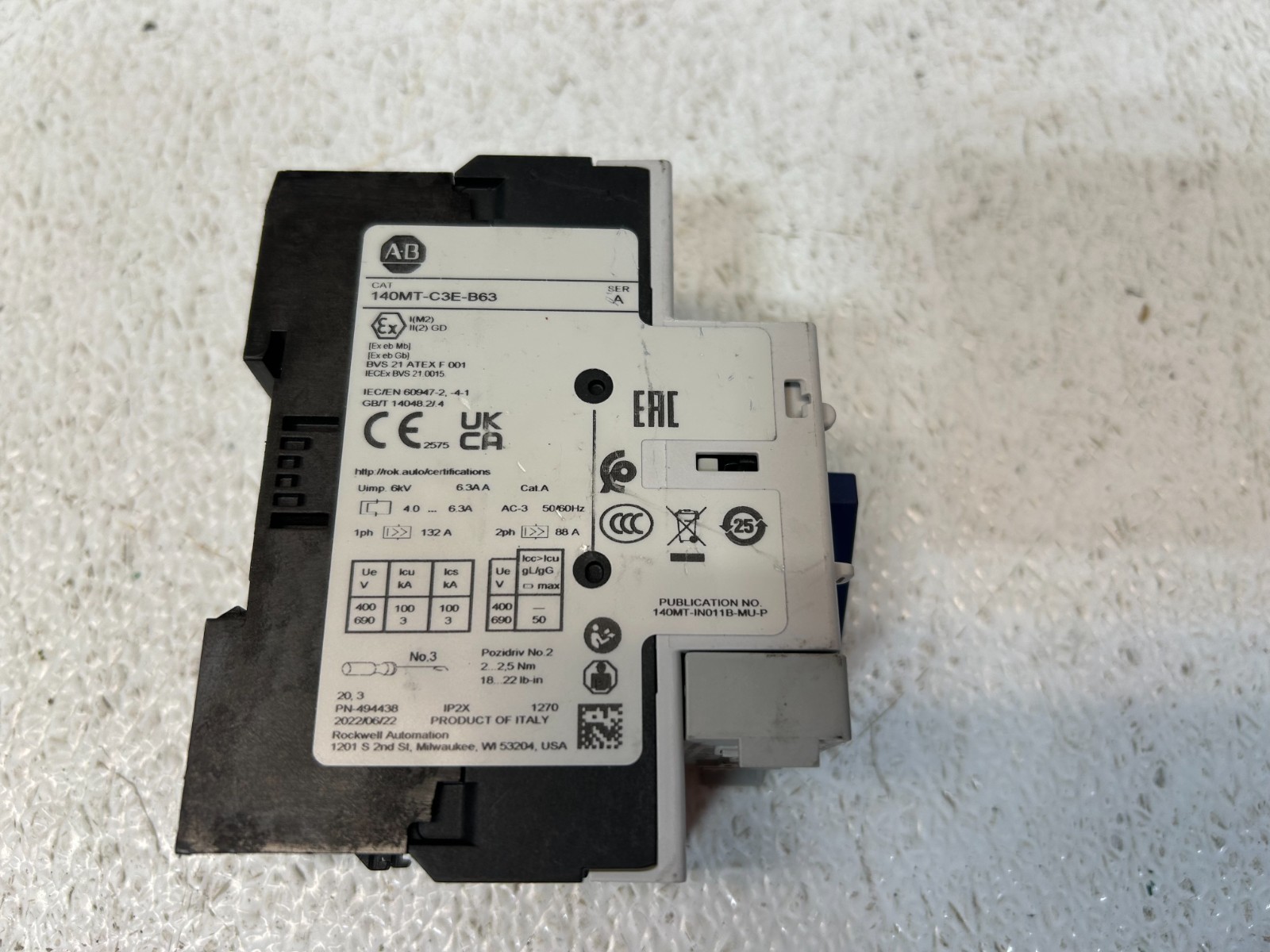 Allen-Bradley 140MT-C3E-B63 SER A Motor Protector 140MT-C-AFA11 SER A