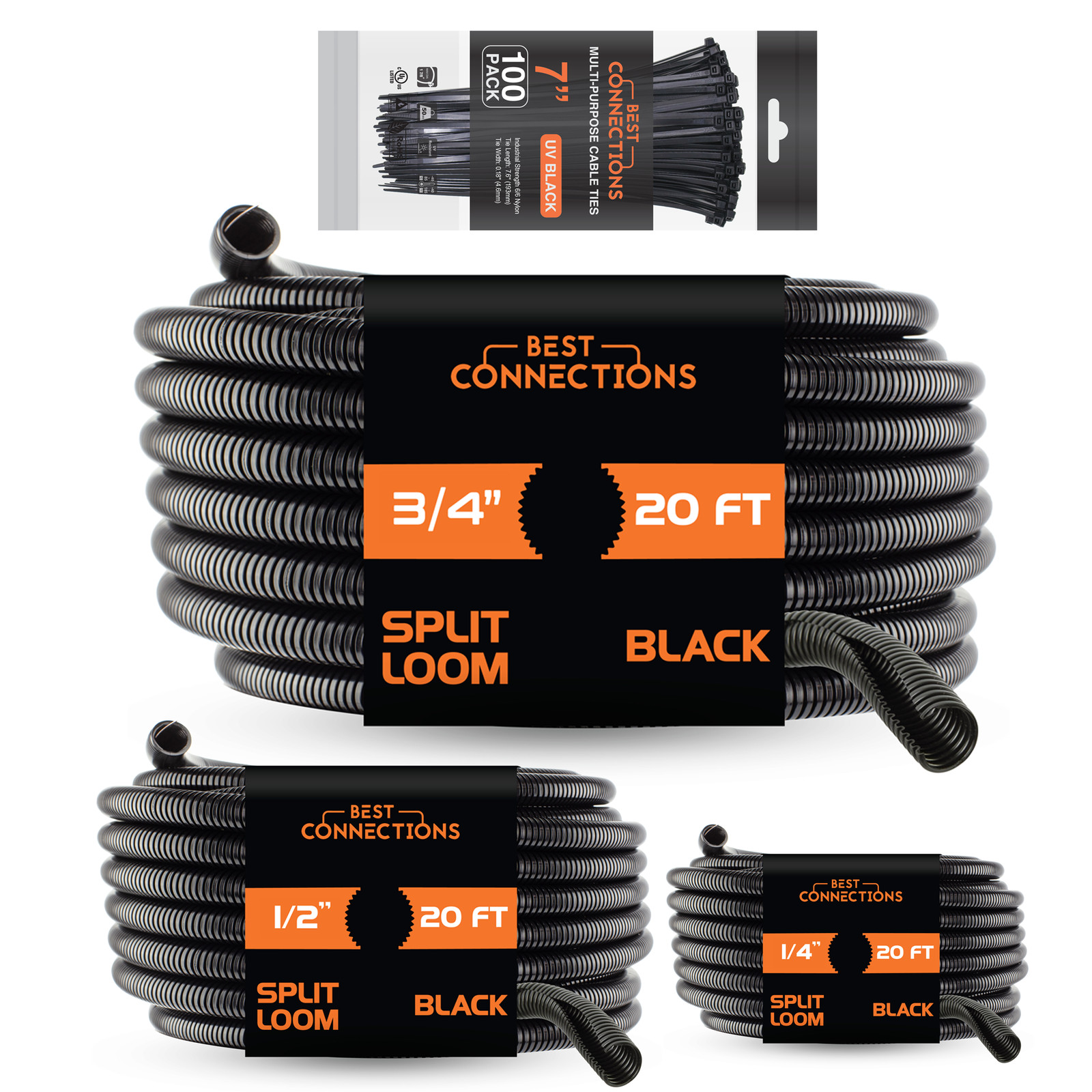 20 Ft Split Loom Combo 1/4″ 1/2″ 3/4″ Black Wire Harness W/ 7″ Cable Ties