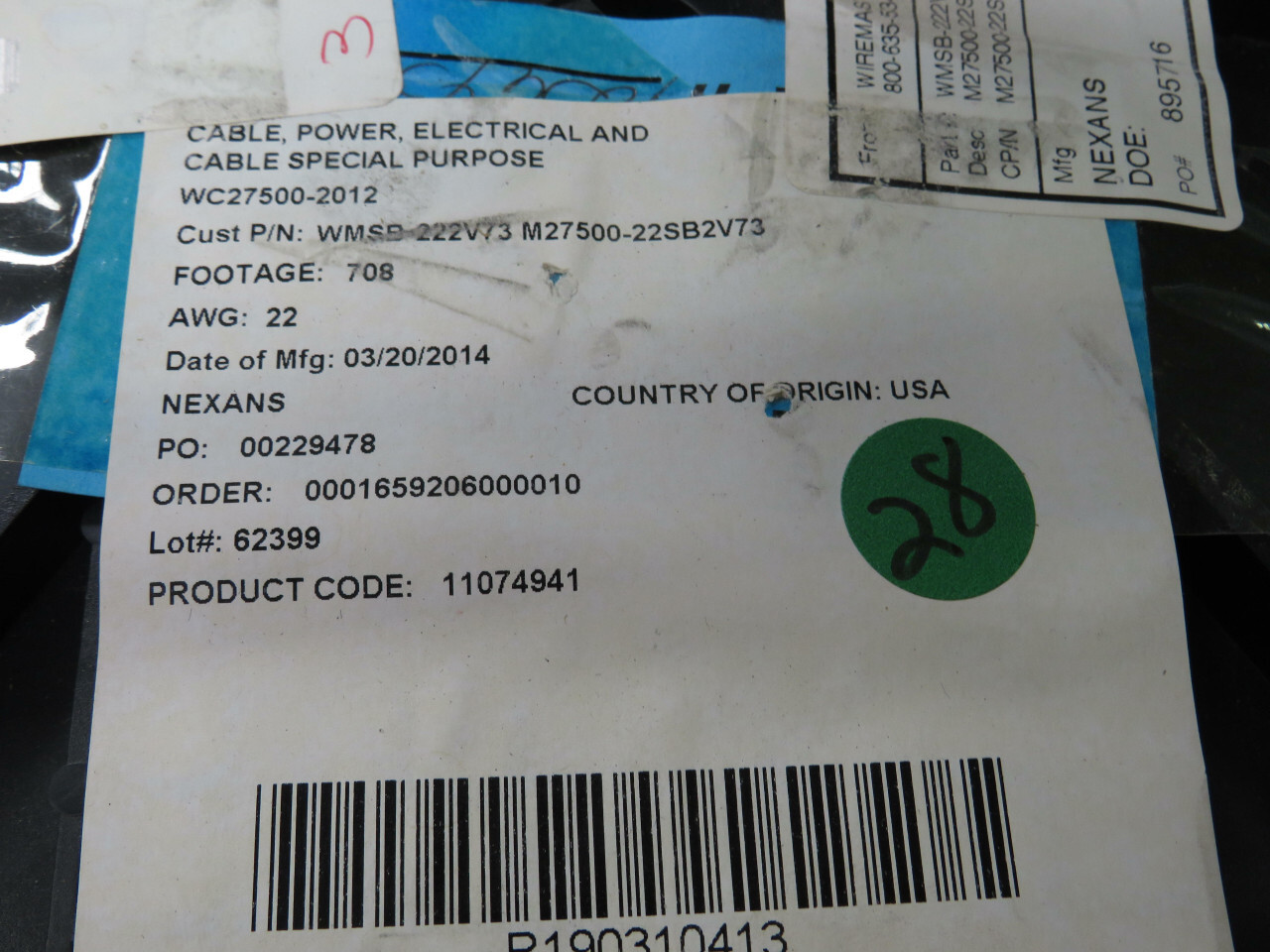 NEXANS M27500-22SB2V73 AEROSPACE WIRE 75932-22(2)SXLZJSXLZJ W-W/BU WJ 700 FT T19