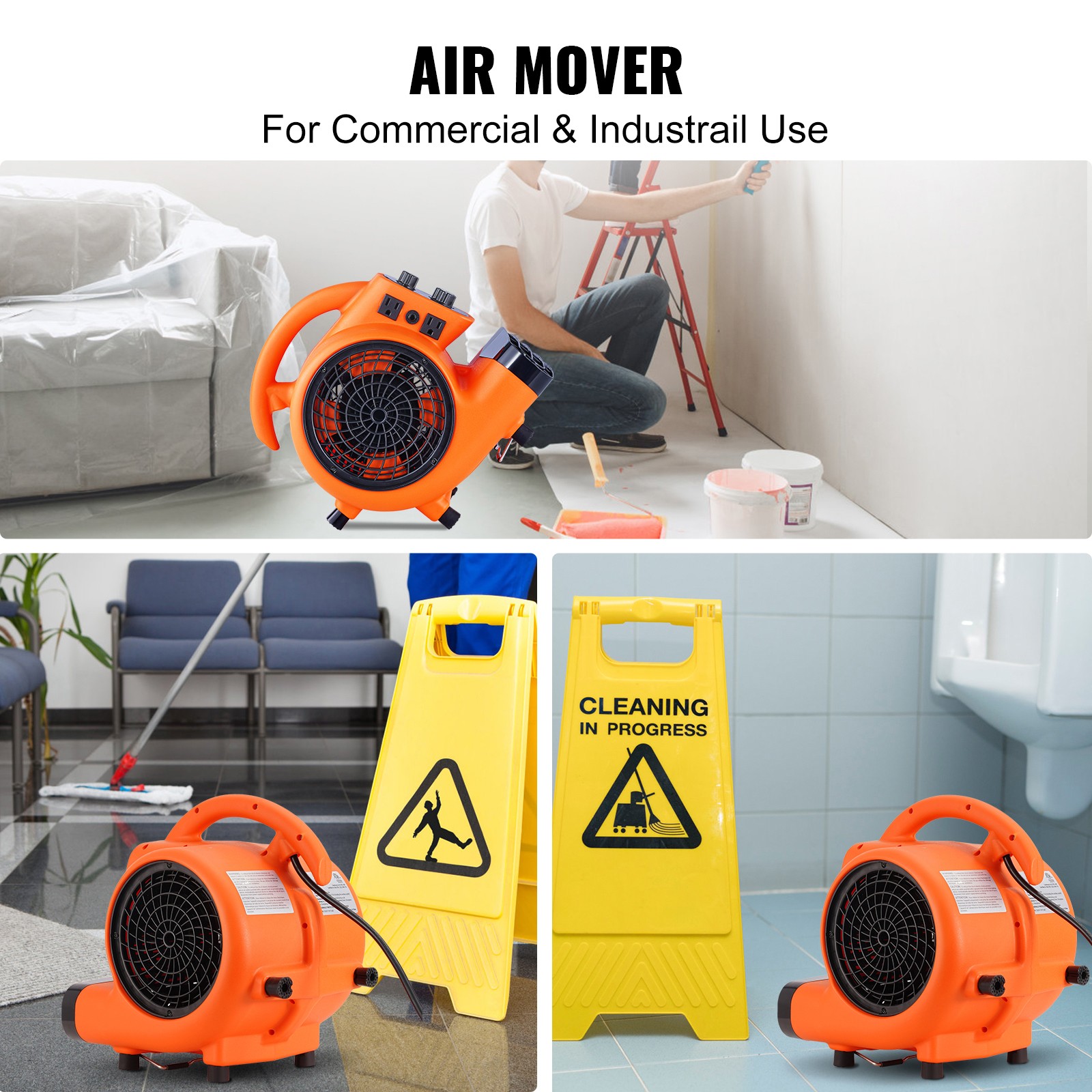 1000 CFM 3-Speed 1/4 HP Adjustable Air Mover Carpet Dryer Blower Floor Fan
