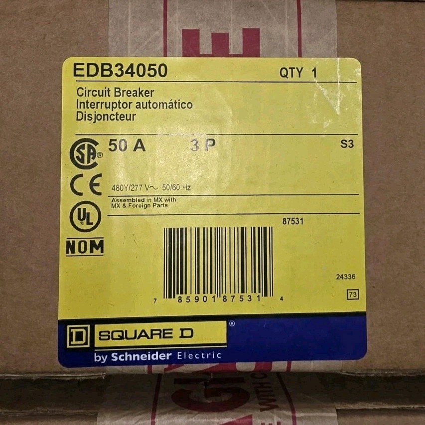 Square D EDB34050 Circuit Breaker 50A 3-Pole 480/277V AC, 1 Pack