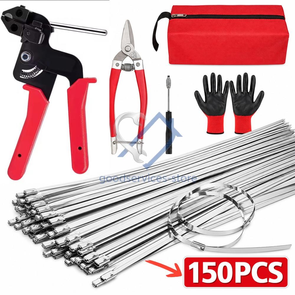 Cable Tie Tool Gun Kit Stainless Steel Zip Tie Cutter + 150PCS Metal Zip Ties