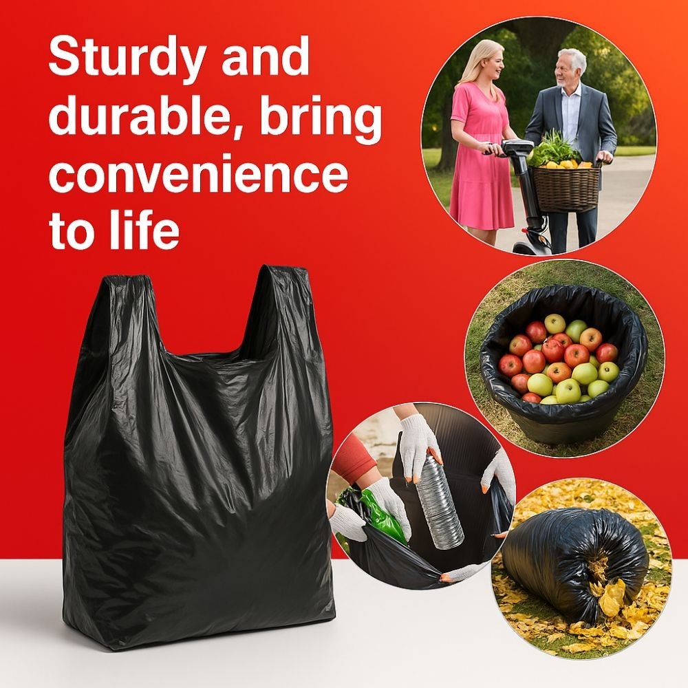 1/6 Large 22 x 6.5 x 11.5 BLACK T-Shirt Heavy Duty Plastic Grocery Shopping Bags