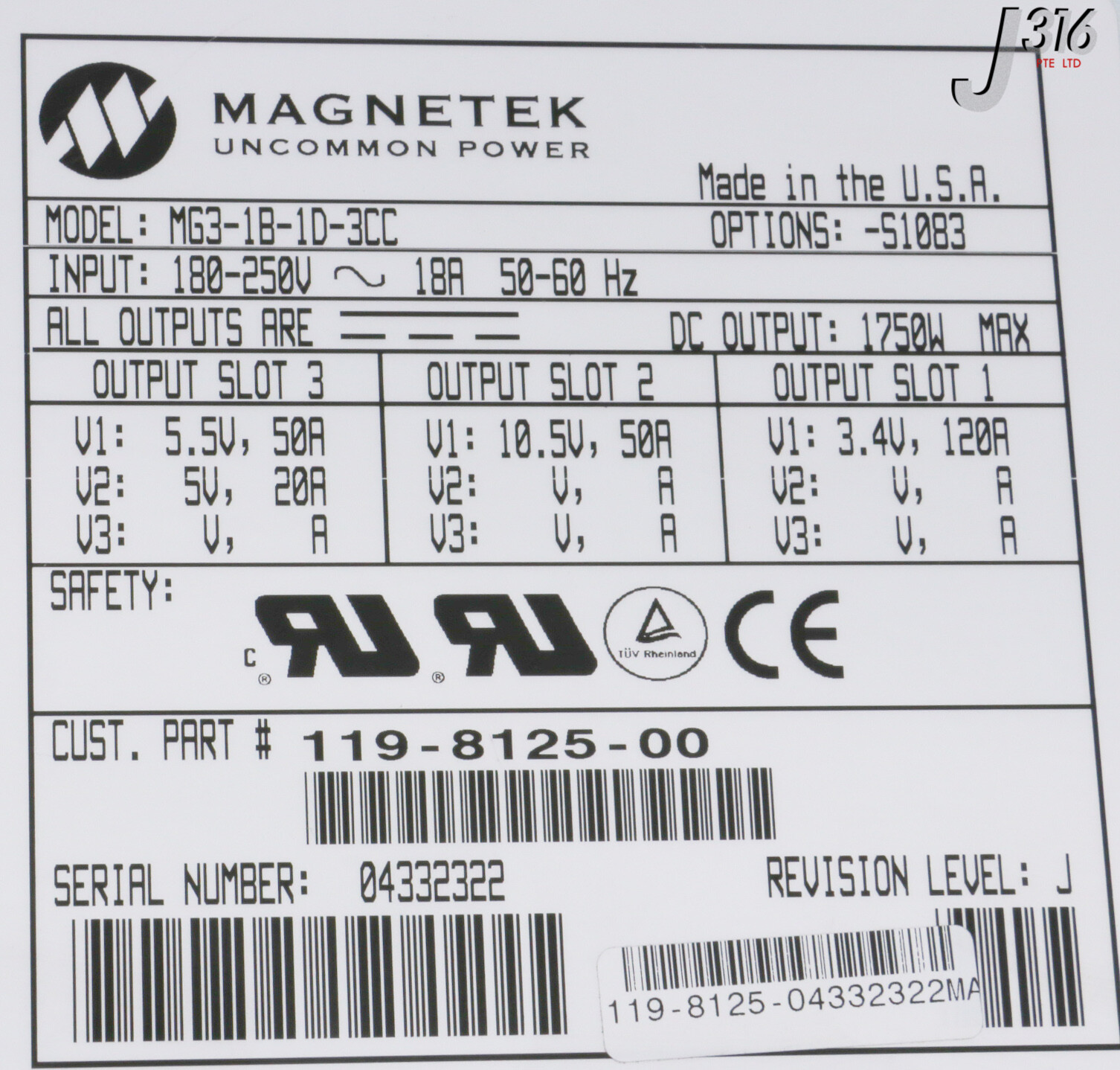 L30344 (LOT OF 10) MAGNETEK PS, 1750W, 3.4VDC-10.5VDC, 119-8125-00 MG3-1B-1D-3CC