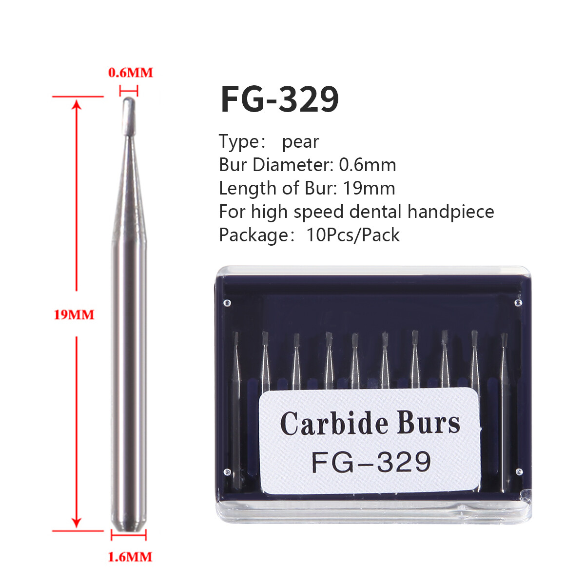 10 Pcs Dental Carbide Burs Pear-Shaped Type High Speed Tungsten Steel Bur FG329