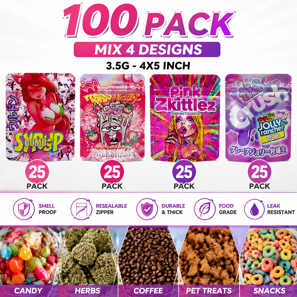 100 Pack 3.5g Mixed Stand Up Mylar Bags Resealable Smell Proof Candy Pouches