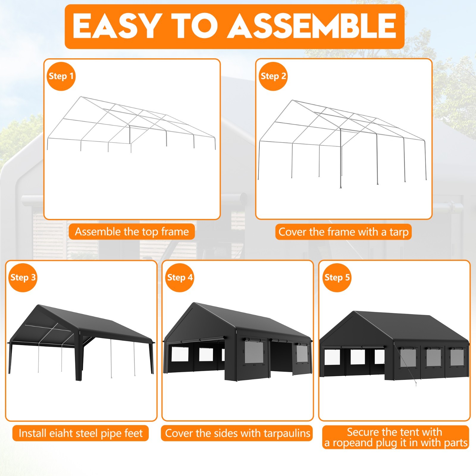 20’x20 ‘Outdoor Carport Canopy, Portable Garage Shelter with Side-Opening Door