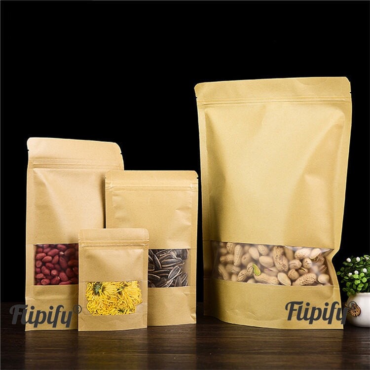 Kraft Paper Stand Up Pouch Clear Window Sealable for Zip Food Pack Lock Bag