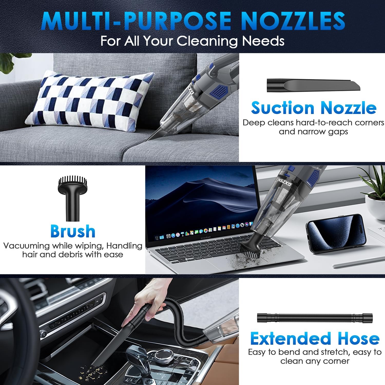 Gxzsk Handheld Vacuum Cordless, 15000PA Strong Suction Hand Gray & Deep Blue