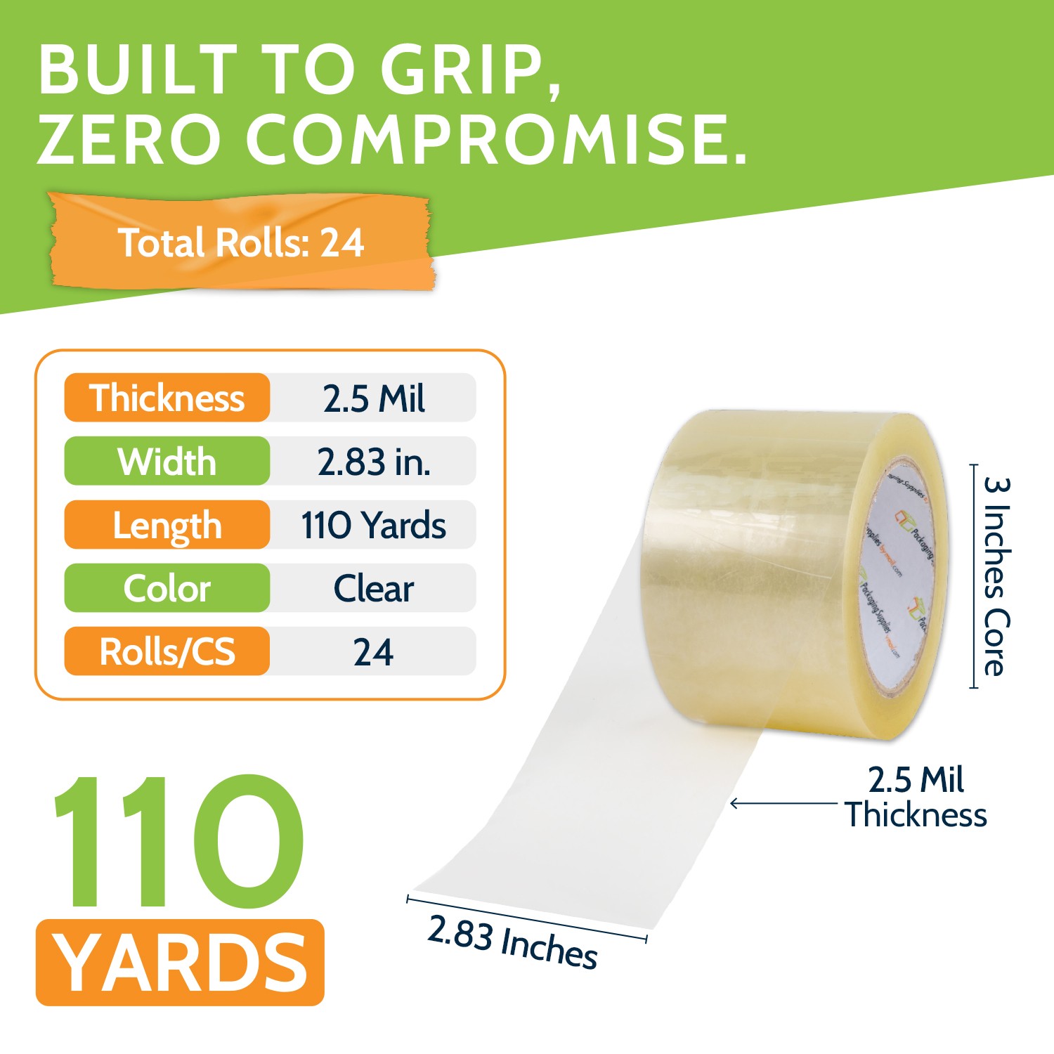 Clear Packing Sealing Tape, 3″x110 Yards, 24 Rolls, 2.5 Mil, Dispenser Refill