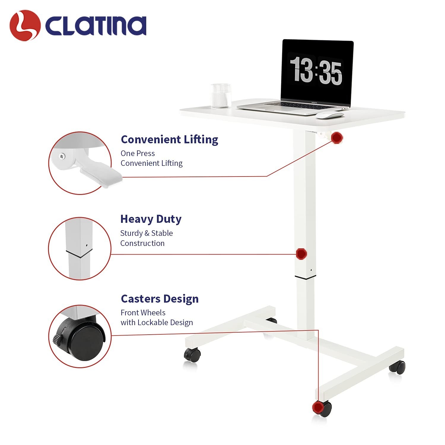 CLATINA Mobile Laptop Desk Pneumatic Sit to Stand Table Height Adjustable Rol…