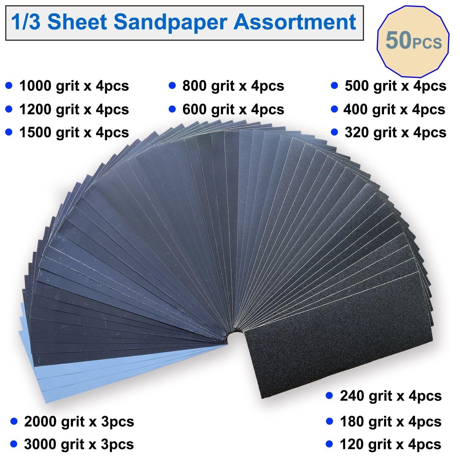 50PCS Sandpaper Assortment, Aeknewo Sand Paper Sheets 120 to 3000 Assorted Gr…