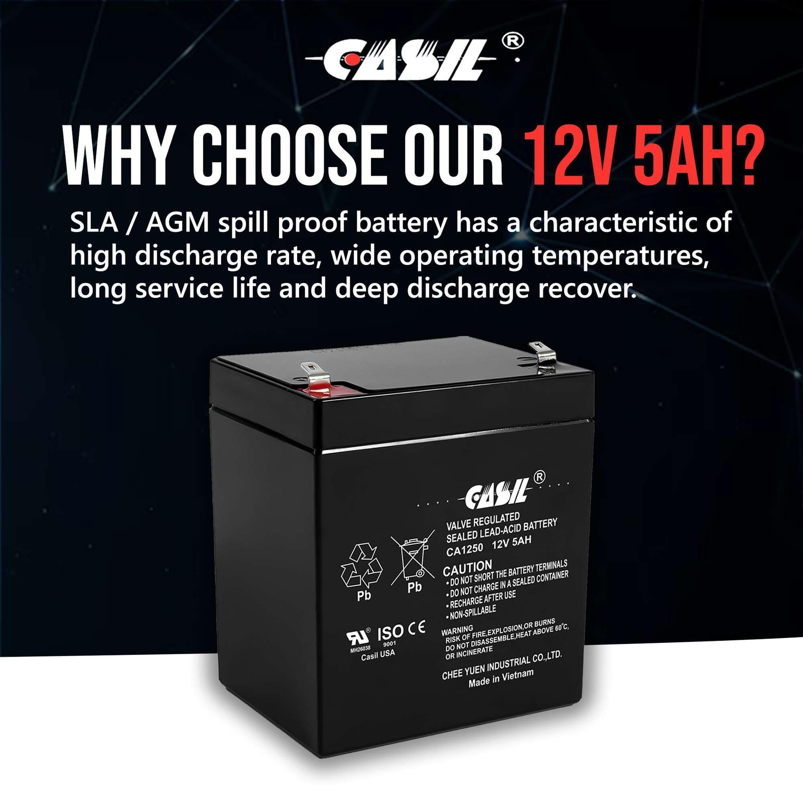 Casil CA1250 12V 5Ah SLA AGM Alarm Battery – Rechargeable Sealed Lead Acid…