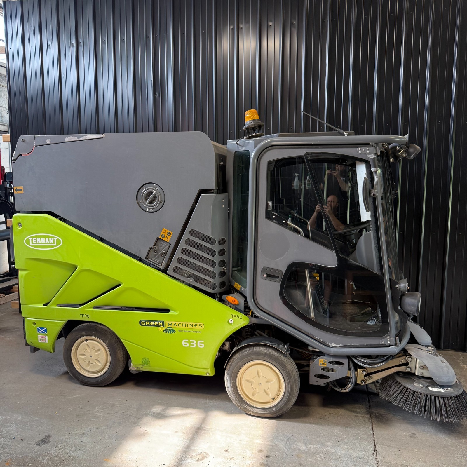 Tennant Green Machines 636 TP90 Diesel Street Sweeper 3321 Hrs Kubota 4WD Cab