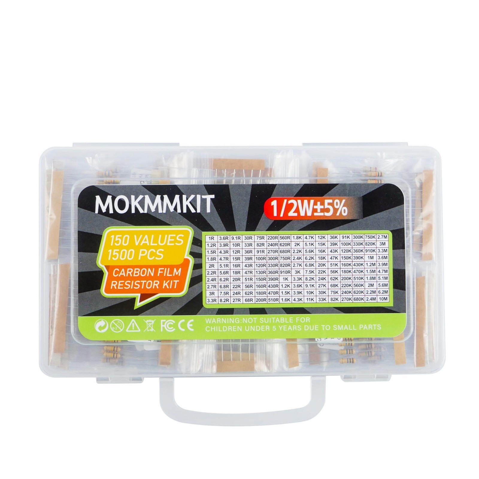 1500-Piece Resistor Kit – 1 Ohm to 10M Ohm, 1/2W 5% Carbon Film Assortment