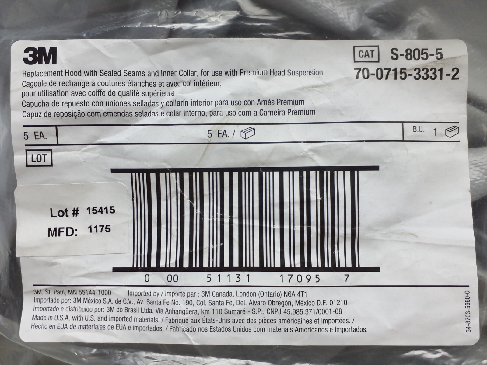 5 PACK 3M S-805-5 Versaflo Replacement Hood with Sealed Seams and Inner Collar