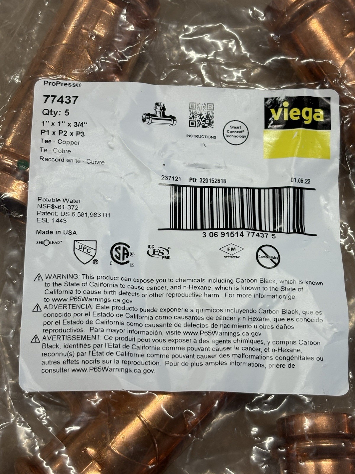 (5 Pack) Viega 77437 ProPress 1″ x 1″ x 3/4″ P1 x P2 xP3 Copper Tee