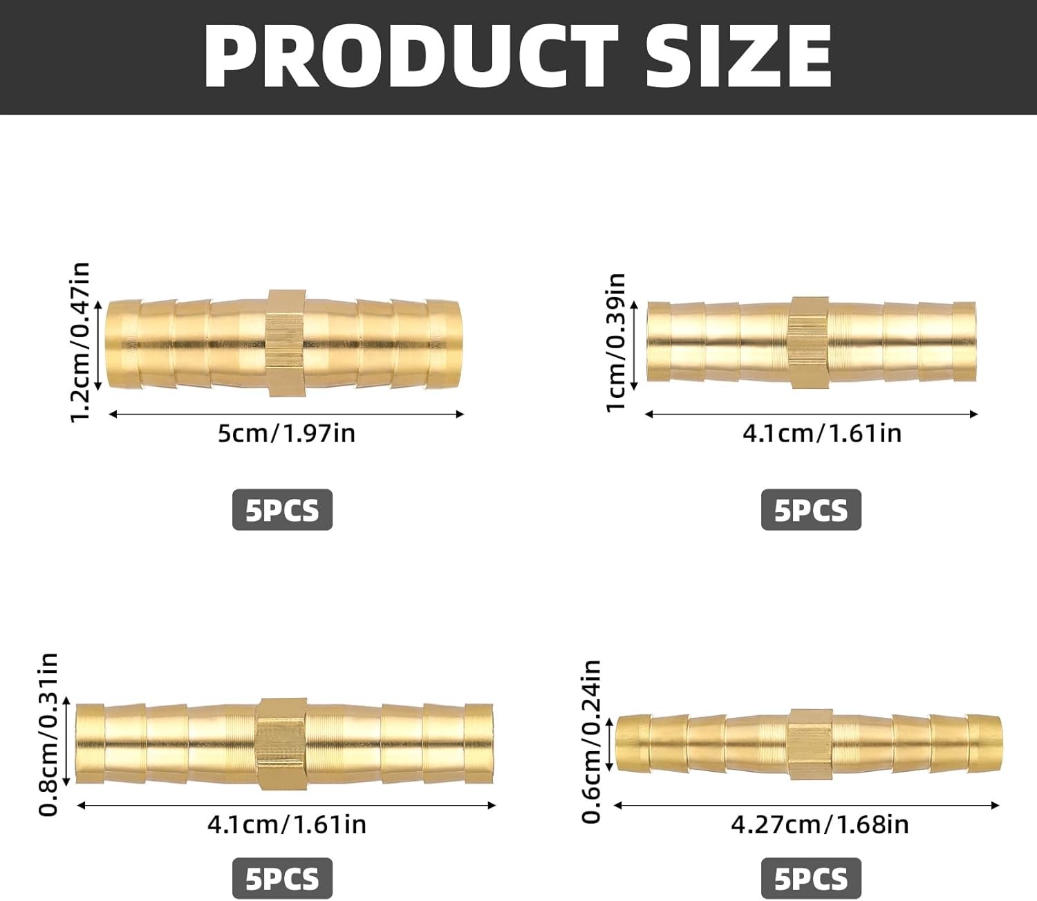 20PCS Brass Hose Barb Fitting, 1/4″ 5/16″ 3/8″ 1/2″ 6 Mm/8 Mm/10 Mm/12
