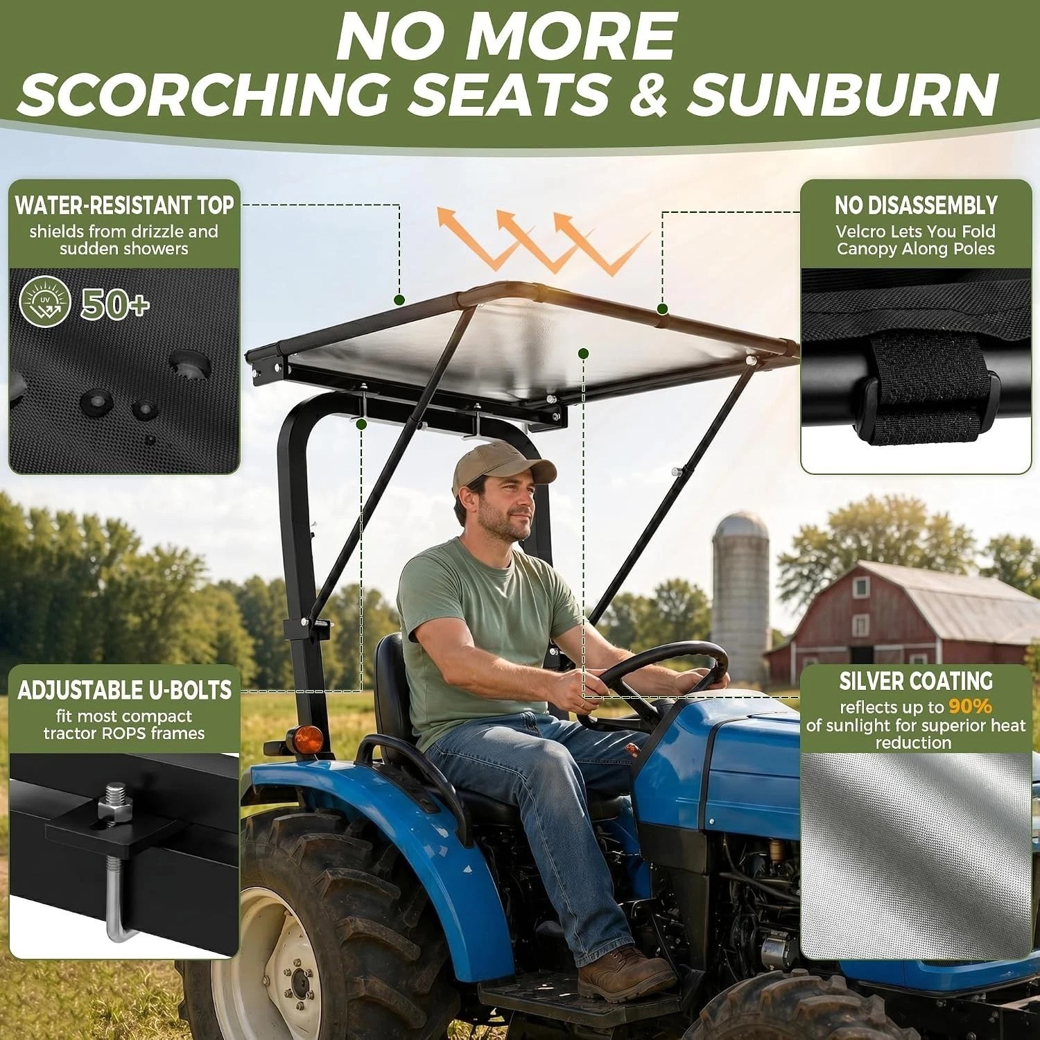 Universal Lawn Mower Canopy – 95% Sun Blocking & Wind Resistant for ROPS Frames